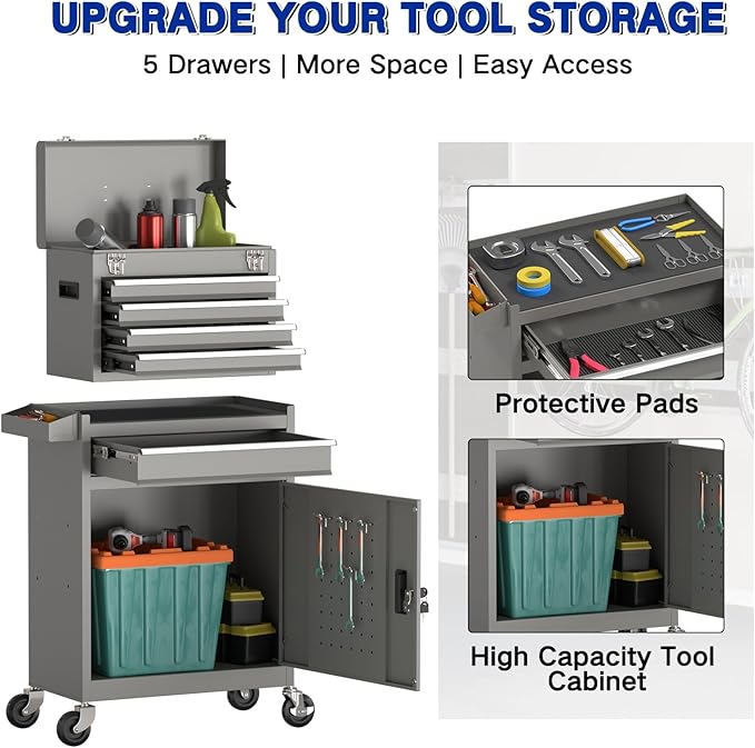 5 Drawer Tools Chest, Tool Cabinet with Universal Lockable Wheels，Tool Box with Detachable Top Box for Workshop (Gray)