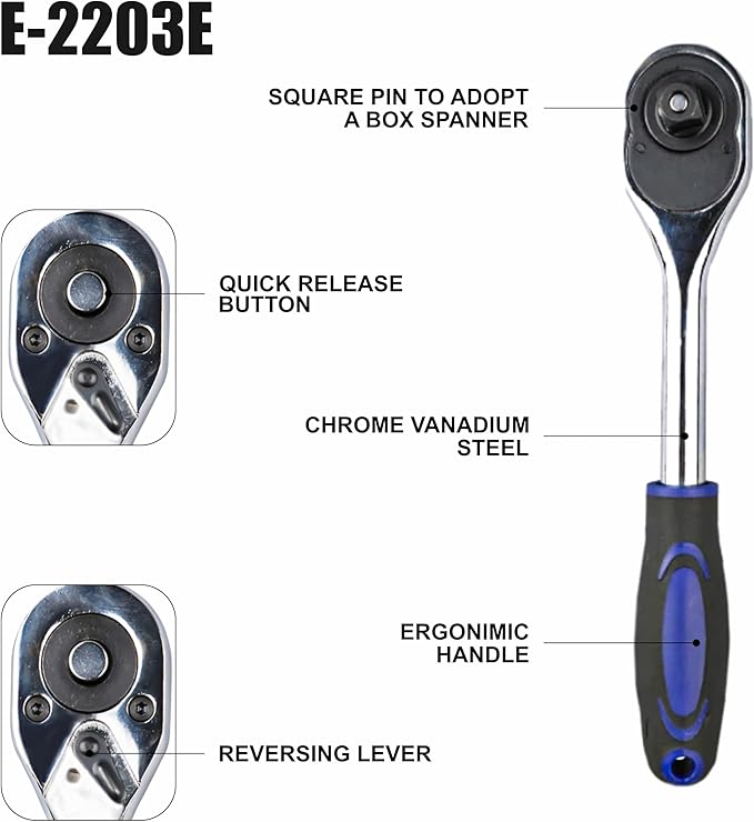 Socket Wrench, 1/4 Drive Ratchet Socket Wrench Dual Drive Ratchet Handles Wrenches with Soft Grip Locking Handle E-2203E