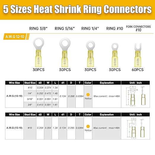 180PCS Marine Grade Heat Shrink Wire Connectors-Electrical Connectors Kit of Tinned Red Copper,Crimp Insulated Ring Fork Spade Butt Splice AWG12-10 Gauge (180pcs Yellow, AWG 12-10)