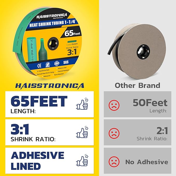 haisstronica 3:1 Heat Shrink Tubing, Shrink Ratio Adhesive Lined Marine Grade Heat Shrink Tube for Home, Automotive and Industrial (Green) 65FT 1-1/4inch