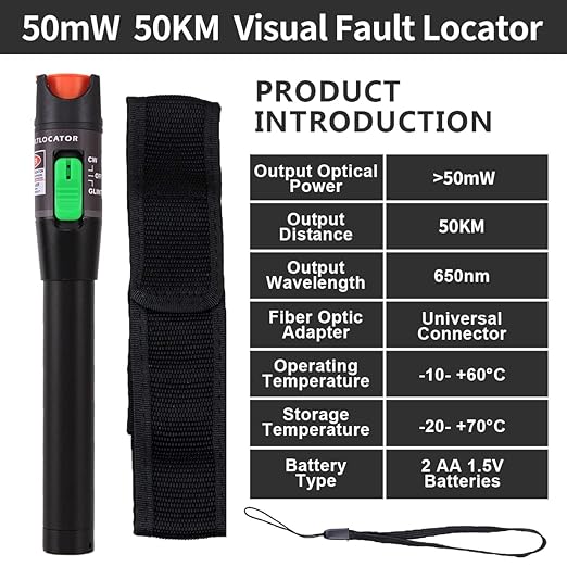 Visual Fault Locator 50KM Range, VFL Tester Kit - Includes Single Mode 9/125um FC Male to LC Female Adapter and Red Light Pen for Fiber Optic Cable Network Testing