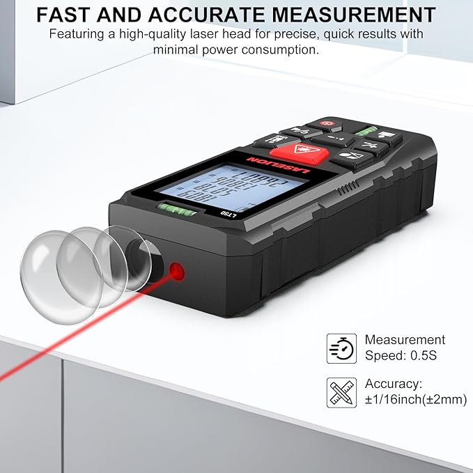 LT50 Laser Distance Meter – 50m (165ft) Range, High Accuracy, Multiple Measurement Modes, Built-in Level Bubble, and Mute Function Handle Laser Distance Measurement Tool