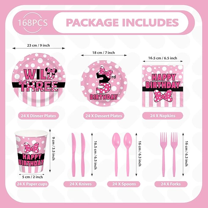 168Pcs Pink Mouse 3rd Birthday Decorations, Serves 24 | Wild Three Birthday - Image 2