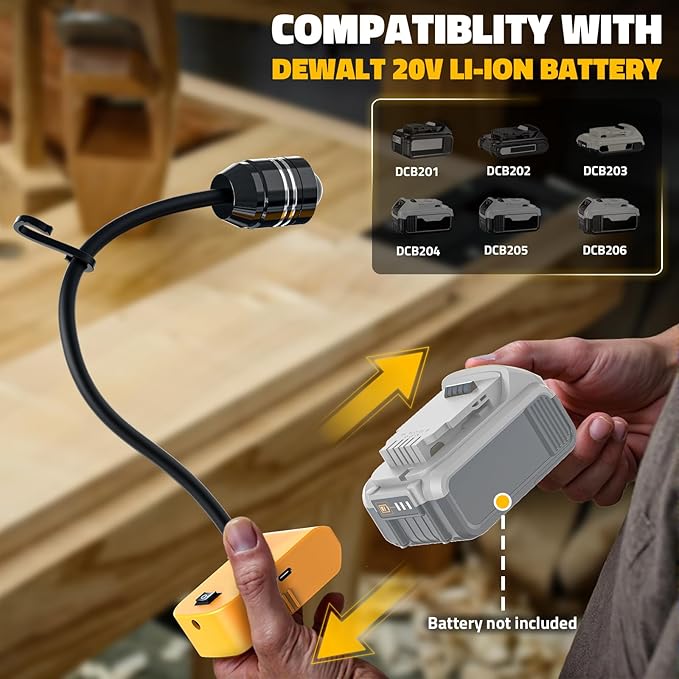 LIVOWALNY 2PCS LED Work Light Compatible with Dewalt 20V Battery, 20W 2000LM LED Flood Light, 12" Flexible Gooseneck, Flashlight with USB-A & Type-C Charging Port, Low Voltage Protection (No Battery)
