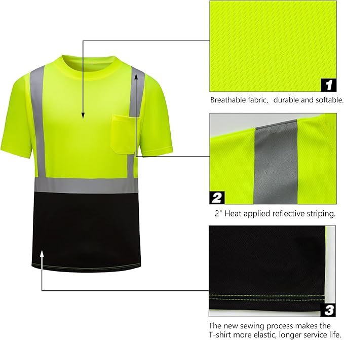 High Visibility Shirts Quick Dry Safety T Shirts with Reflective Strips and Pocket Short Sleeve Mesh Hi Vis Construction Work Class 2 Shirt for Men/Women Black Bottom Lime,6XL