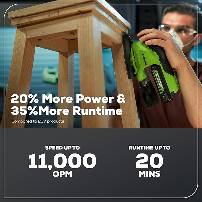 Greenworks 24V Cordless Mouse Detail Sander, Wood Sander with 11,000 OPM, Removable Dust Collection Bag, 2Ah Battery & Charger