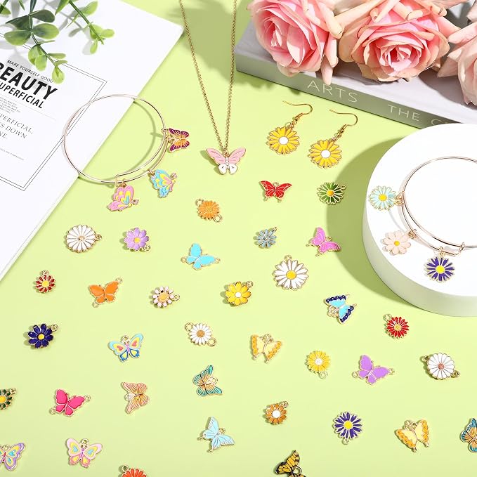 SANNIX 110Pcs/55 Pairs Mixed Flower Butterfly Charms - Image 3