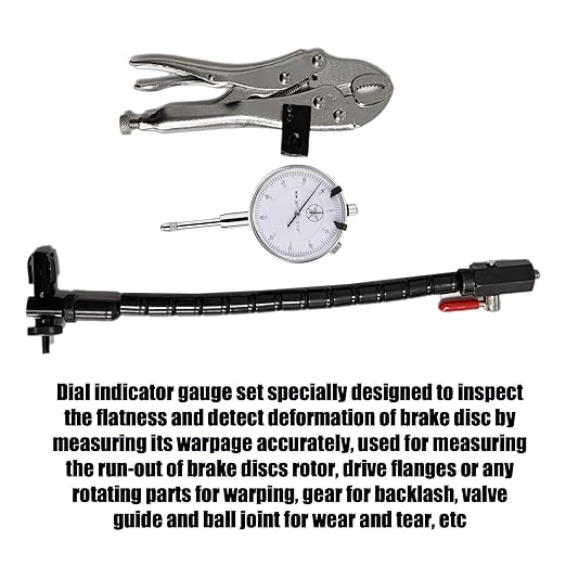 Disc Brake Rotor Ball Joint Gauge, 0-1” by 0.001” Dial Indicator, Automobile Brake Disc Flatness Runout Backlash Measuring Tool, with 13” Flexible Stem Holder & Locking Pliers