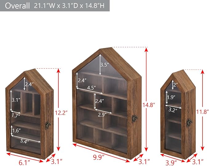Ikee Design 3 Pcs Set Wall-Mounted House-Shaped Wooden Shadow Cubby Box Display - Image 2