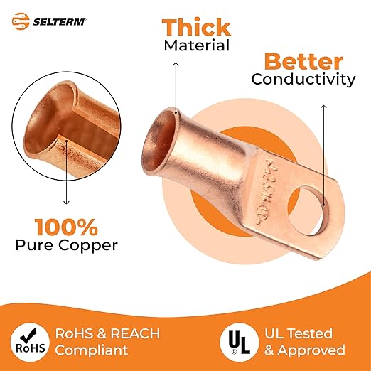 SELTERM 10pcs - 2 Awg - 5/16" Stud - Battery Lugs - Ring Terminal Connectors | with 12pcs 3:1 Black & Red Heat Shrink Tubing with Adhesive | Heavy Duty Battery Cable Ends - Bare Copper Wire Lugs Kit