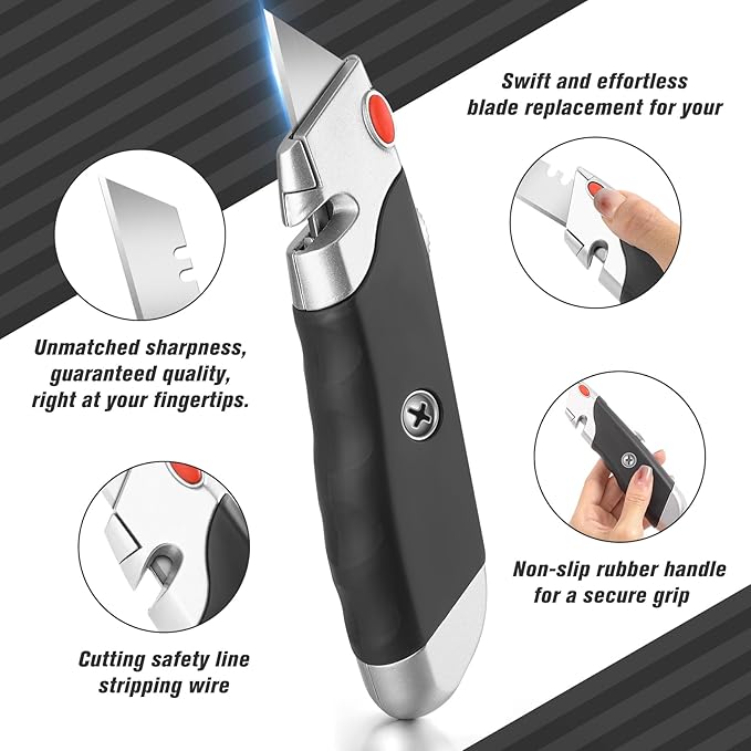 DIYSELF 10Pack Box Cutter, Rubber Handle Utility Knife, Retractable Heavy Duty, Razor Knife for Warehouse, Office, Shop
