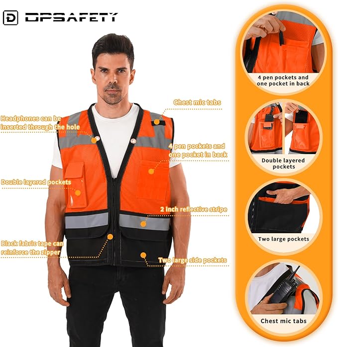 Reflective Safety vest With back plan pocket,High visibility Class 2 Heavy Duty Surveyor Vest with Zipper,Hi Vis Construction Work Vest for Men＆Women ANSI/ISEA(Orange-Bottom,4XL)