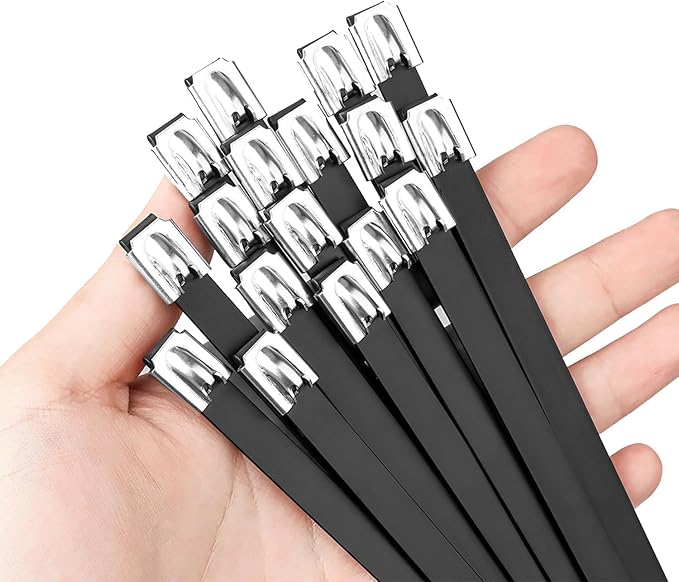 Stainless Steel Cable Tie Gun Set, with 150PCS Black Metal Zip Ties (50 Each of 7.8, 9.8, 11.8 Inch), Adjustable Fastening Cutting Tie Tool Sets for Fencing, Exhaust Pipes, Automotive
