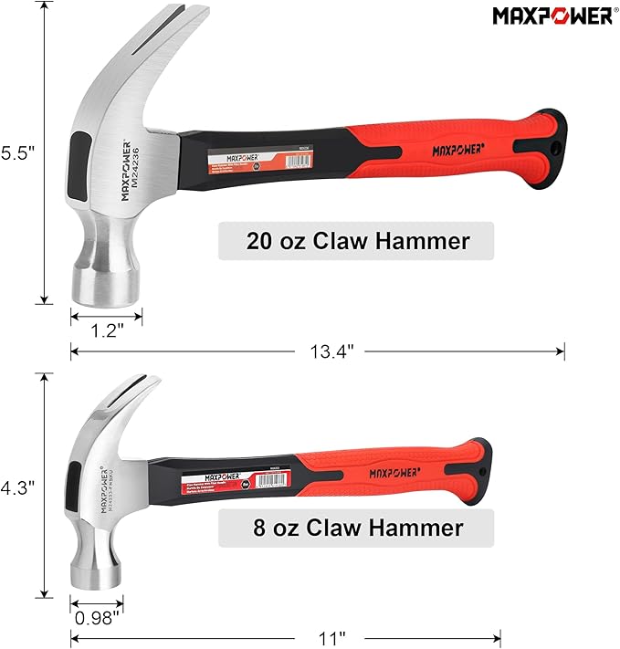MAXPOWER Hammer Set, 8oz & 20oz Claw Hammers, Polished Carbon Steel Hammer-Head & Fiberglass Handle with Rubber Grip