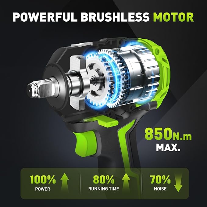 Brushless Cordless Impact Wrench, 850Nm (630Ft-lbs) High Torque, 1/2 Inch Impact Gun with 20V 4Ah Battery, 3-Speed, 4 Cr-V Sockets (17/19/21/22mm) for Car Tire, Mower Lug Nut