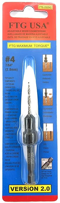 FTG USA Countersink Drill Bit for Wood with Tapered Drill Bit #4 (7/64")