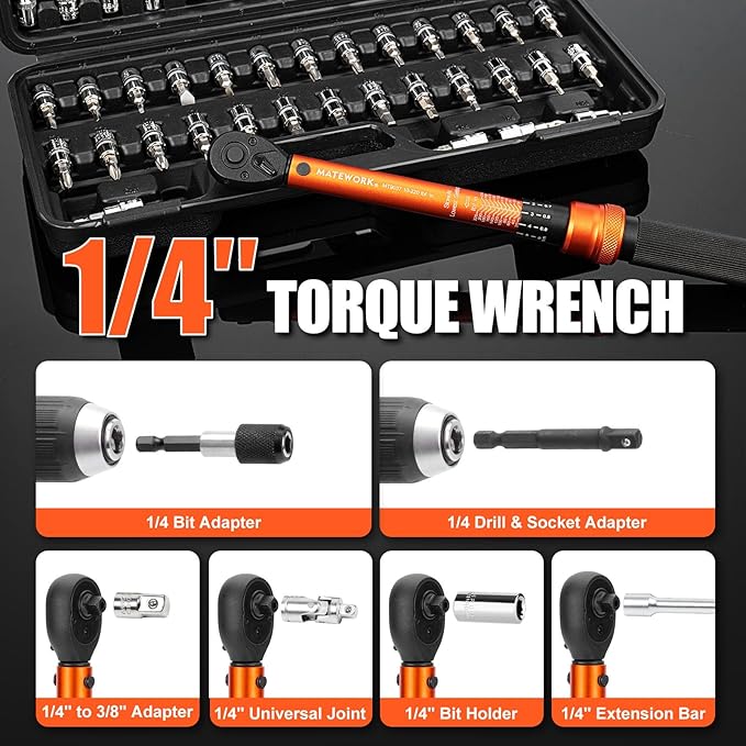 50PCS Inch Pound Torque Wrench Set, 1/4" Drive Bike Torque Wrench, 10-220 in.lb(1-24.7nm) Click Bicycle Torque Wrench 72-Tooth Ratchet with Bit Sockets, Adapters, for MTB, E-Bike, Motorcycle