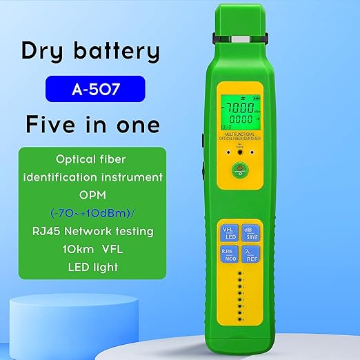green A-507 Fiber optic identifier 5 in 1 Built in OFI OPM VFL LED RJ45 SC/FC/ST universal interface Optical power meter -70~+10dbm visual fault locator 10KM RJ45 test Cable identifier with LC adapter