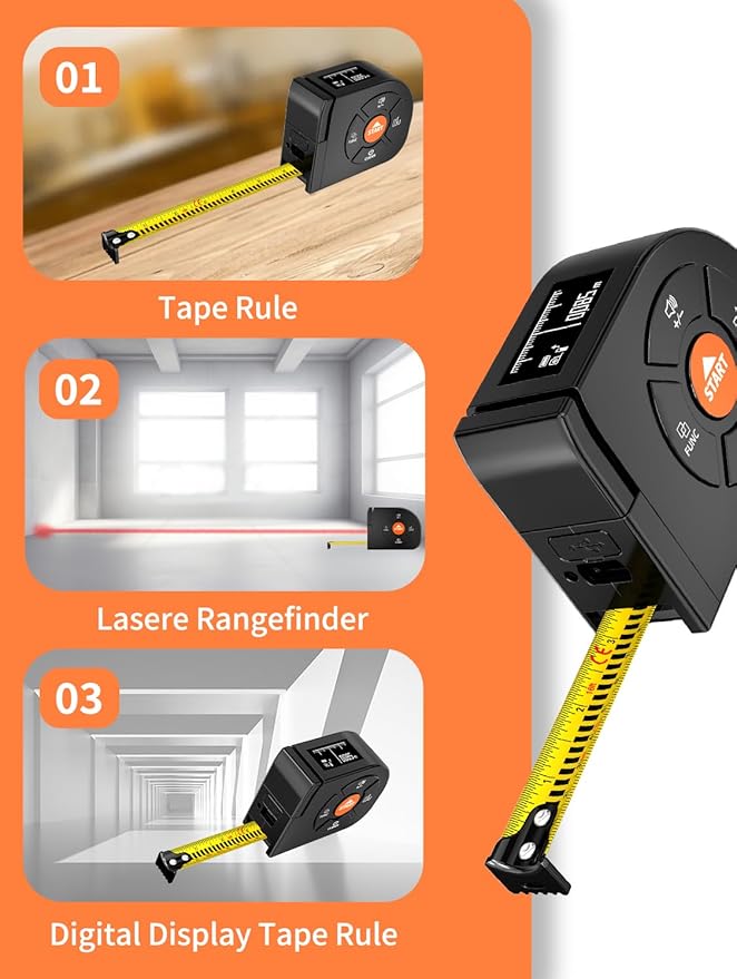 Laser Tape Measure 3-in-1, 196ft/60m Laser Distance Meter, 16ft/5m Digital Tape Measure, Regular Tape Measure, Area Volume Measuring Pythagorean Mode, Rechargeable
