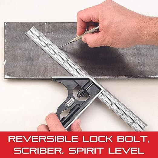Starrett Steel Combination Square with Square Head - 6" Blade Length, Cast Iron Heads, Hardened Steel, Reversible Lock Bolt, Scriber, Spirit Level, 16R Graduation Type - 11H-6-16R