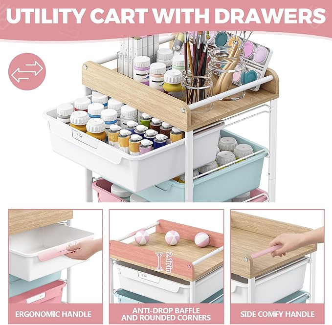 6 Drawer Rolling Cart for Craft Storage, Utility Drawer Organizer - Image 4