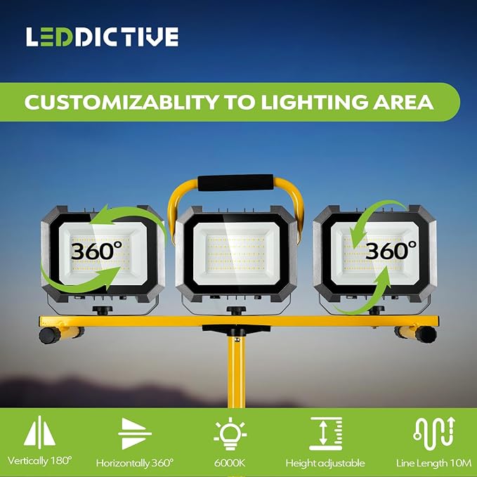 15000LM Work Lights with Stand, IP66 Waterproof 6000K LED Work Light with Foldable Tripod Stand, 3 Head Portable Work Light with Individual Switch for Indoor Outdoor Lighting