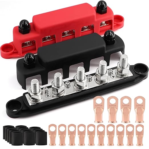 300A Bus Bar 5 Post 12V-48V DC Power Distribution Block,5 * 3/8"(M10) Battery Terminal Studs with Cover and Wire Lugs for Wiring,Automotive,Marine,Battery busbar (Red&Black)