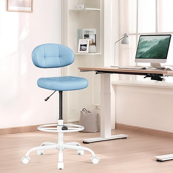 Misolant Drafting Chair, Armless Tall Office Chair with Footrest Ring for Standing Desk, Small Faux Leather Executive Computer Chair with Adjustable Height for Bar Lab Counter Height Desk, Blue