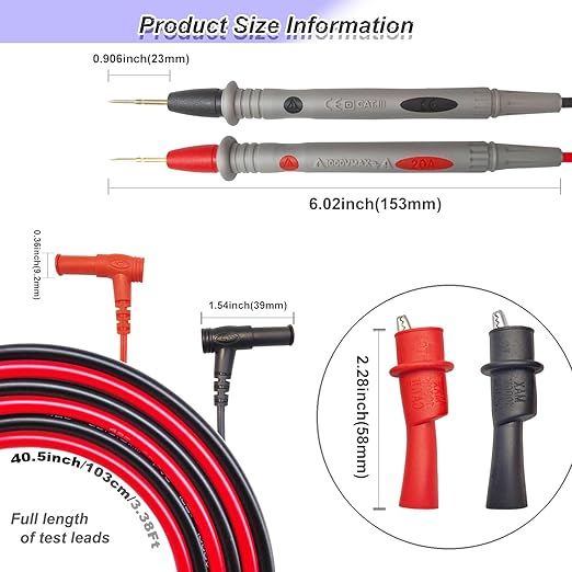 Professional Multimeter Test Leads 1000V 20A, 40.5in, Test Leads Kit, Ultra-Sharp Gold-Plated Probes, Silicone Meter Leads for Fluke, AstroAI, Klein Multimeter & Automotive Testing (Upgraded)