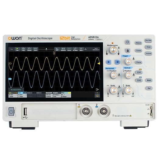 OWON Oscilloscope ADS822A 200MHz Dual Channel Digital Oscilloscope 12 Bits Vertical Resolution 1.25GSa/s Sample Rate with 50M Memory Depth 7 inch LCD Display Lab Oscillograph