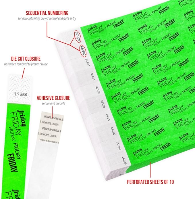 500 WristCo Friday Neon Green Tyvek Wristbands for Events - ¾” x 10” - Waterproof Recyclable Comfortable Tear Resistant Paper Bracelets Wrist Bands for Concerts Festivals Admission Party