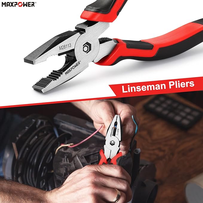 MAXPOWER 4-Piece Pliers Set: 8" Lineman, Diagonal Cutters, Needle Nose, 10" Water Pump Pliers
