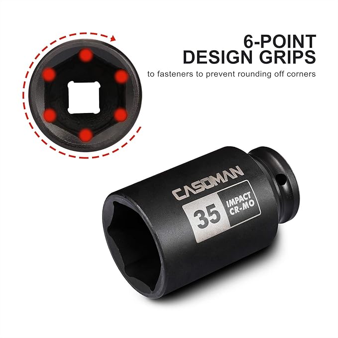 CASOMAN 1/2" Drive x 35 mm Deep 6 PT Impact Socket, CR-MO, 1/2-inch Drive 6 Point Axle Nut Socket for Easy Removal of Axle Shaft Nuts (35MM)