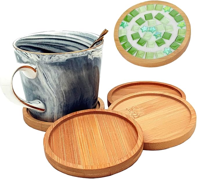 4PCS Mosaic Bamboo Coasters for Crafts, Blank Base Trays, Drinking Cup Coaster by Esweny