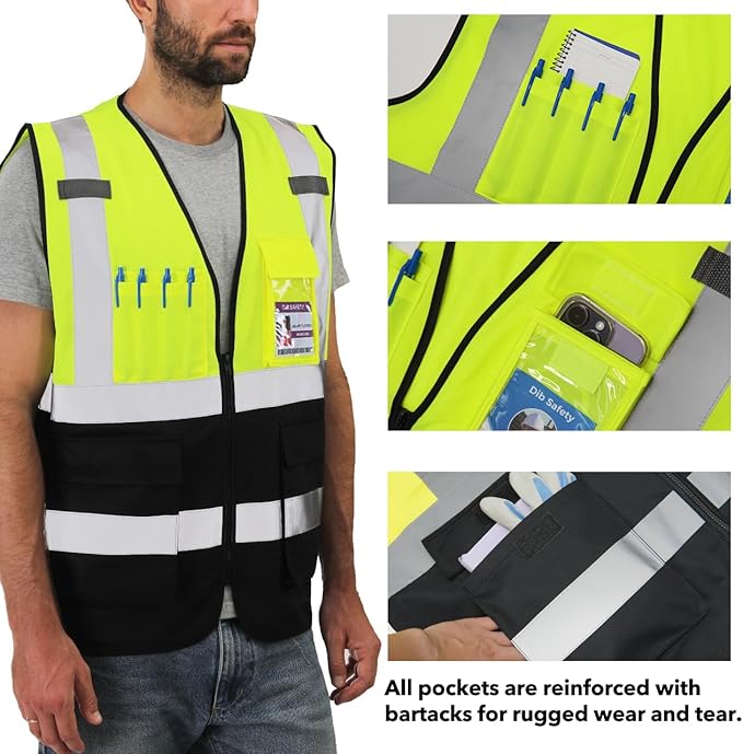 Dib Safety Reflective Vest High Visibility with Pockets and Zipper, Yellow and Black XL