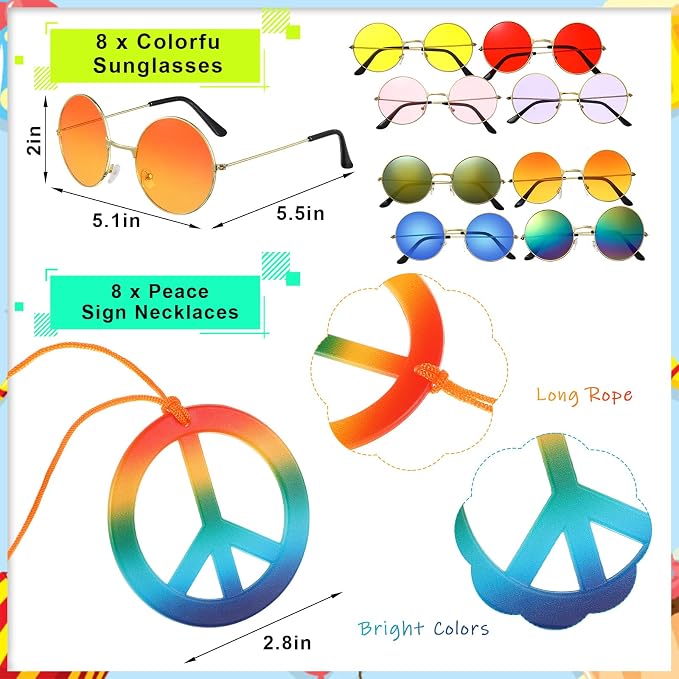 MTLEE 24 Pcs Hippie Costume Set Accessories Includes Peace Sign Necklaces Tie - Image 2