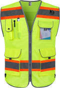 TCCFCCT Hi Vis Vest 9 Pockets High Visibility Reflective Safety Vest for Men Women, Construction Work Vest with Fluorescent Orange Extend Edge, Durable to Use, Meets ANSI/ISEA, (DB-Yellow, Medium)
