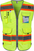 TCCFCCT Safety Vest 9 Pockets High Visibility Reflective Safety Vest for Men Women, Hi Vis Work Vest with Fluorescent Orange Extend Edge for Workers, Surveyors, Meets ANSI/ISEA, (DB-Yellow, 3X-Large)