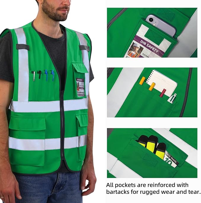 Dib Safety Reflective Vest High Visibility with Pockets and Zipper, Green 3XL