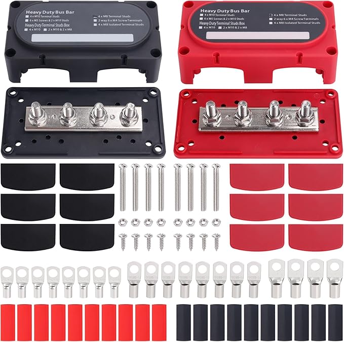 300A Heavy Duty Module Bus BAR 12V 24V 48V DC Power Distribution Block with 4 x 5/16" (M8) Battery Terminal Distribution Block - Buss Bar -Marine Bus Bar (Black & Red)