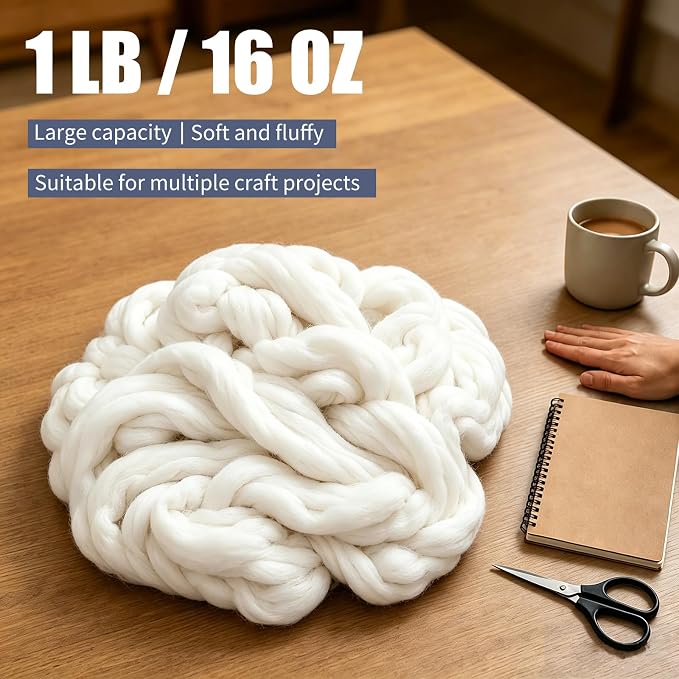 Jupean 16 oz Wool Roving: 1 lb Needle Felting Wool Yarn Roving Wool Felt White - Image 2