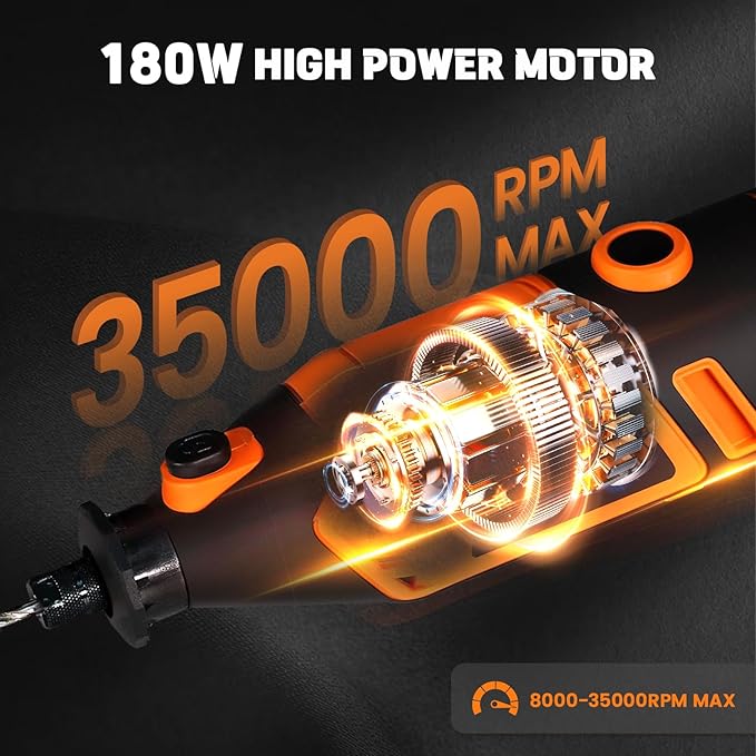 HARDELL Rotary Tool Kit - 180W Corded Power Rotary Tool 6 Variable Speeds with 61 Accessories, 8000-35000RPM, for Sanding, Polishing, Cutting, Engraving,Carving, DIY Crafts