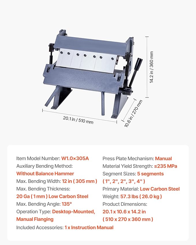 VEVOR Box and Pan Brake, 12 in Sheet Metal Bending Brake, 20-Gauge Mild Steel Capacity, 0-135 Degree Adjustable, Metal Bender Machine with 5 Fingers, Heavy-Duty Aluminum Folder for Precise Bending