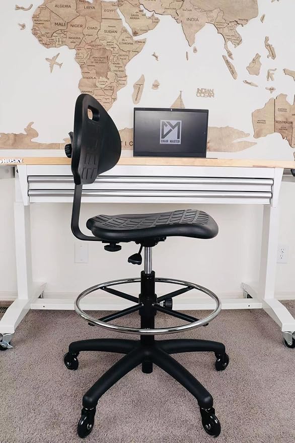 Chair Master (Tall Bench Stool, Rubber Roller Blade Stye Casters Easy to Clean! Ergonomic Polyurethane Drafting Stool. Seat Height Range 24"-34". Home Office Lab Workstation.