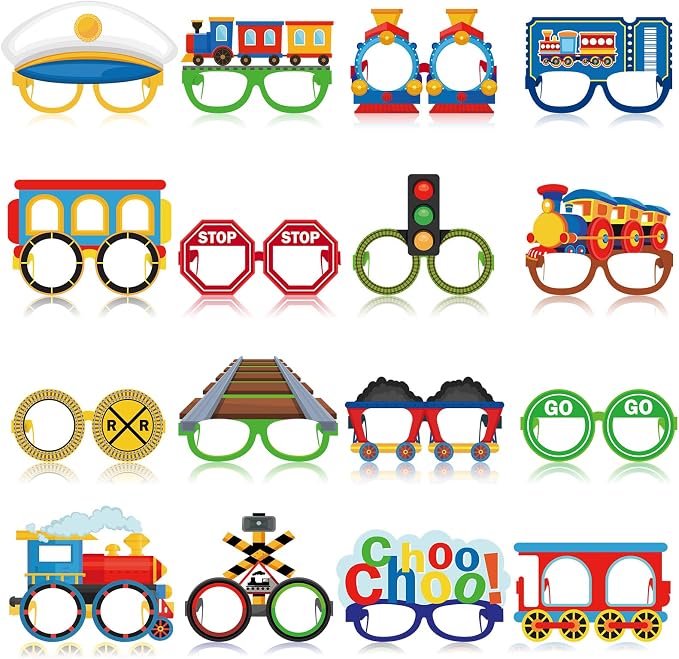 Pajean 32 Pcs Train Party Decoration Train Themed Paper Eyeglasses Photo Booth by Pajean