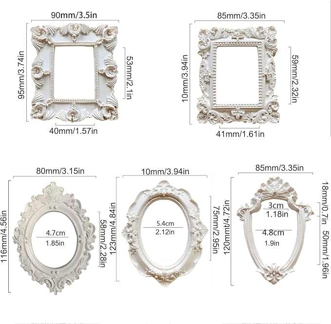 5Pcs Mini Frames -White Small Vintage Flower Oval Rectangle Baroque Frames - Image 3