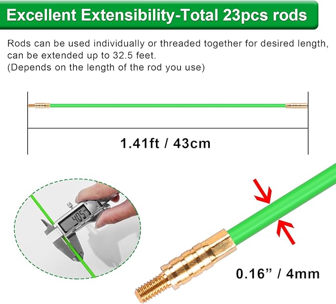 32.5FT Fiberglass Running Electrical Wire Cable Glow Rods Wire Pulling, Fish Tape Set with Accessories, Green