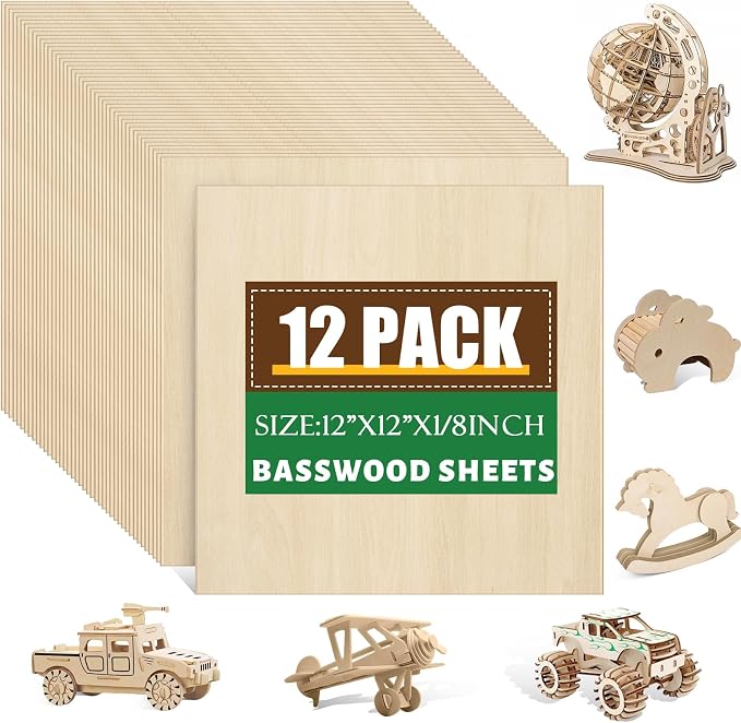 12 Pack Basswood Sheets 1/8x12x12 Inch by ESRICH