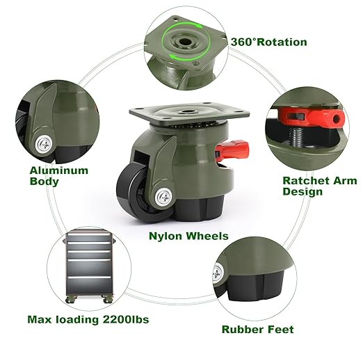Leveling Machine Casters Wheels, Heavy Duty Workbench Casters with Ratchet Arm 2200 LBS, Green Retractable Casters Set of 4, Nylon Wheels & Leveling Feet, Suitable for Equipment, Workbench
