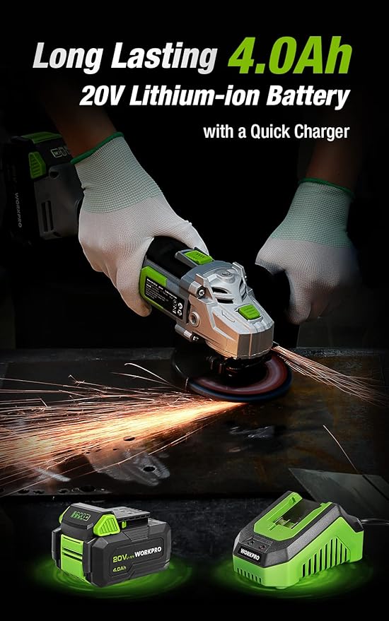 WORKPRO 20V Cordless Angle Grinder Kit, 4-1/2 Inch, Lightweight Angle Grinder Tool 4.0Ah Lithium-Ion Battery & Fast Charger, Ergonomic Button Position for Reducing Hand Pressure